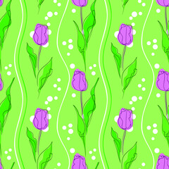Spring Tulip Flowers on green meadow. Seamless floral pattern. Perfect for fabrics print, background, wallpaper. Vector decorative Elegant background for your design. EPS 8