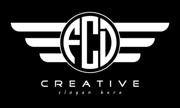 FCD three letter monogram type circle letter logo with wings vector template.