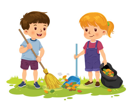 Cute boy raking the leaves. The little girl helping to scoop leaves into black trash bags. Vector illustration