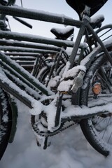 Line of bicycles covered snow and ice.