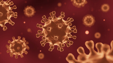 COVID-19 Corona virus with spike glycoprotein are floating on the air . Dark red color background . 3D rendering .