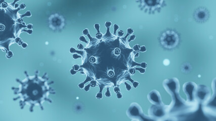 COVID-19 Corona virus with spike glycoprotein are floating on the air . Blue color background . 3D rendering .