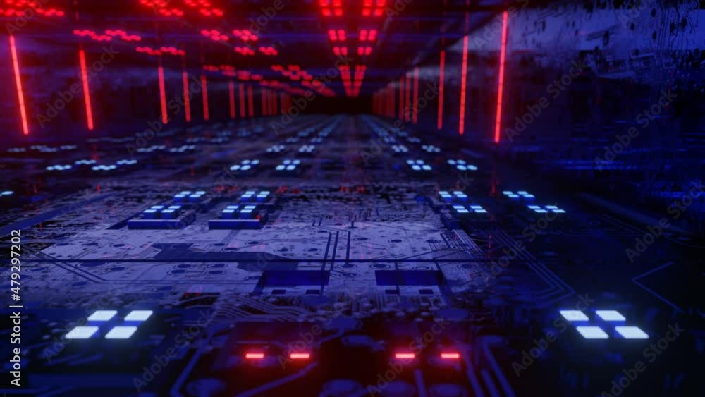 Aufkleber camera flies through a technological corridor with glowing neon lights. looped abstract animated scr