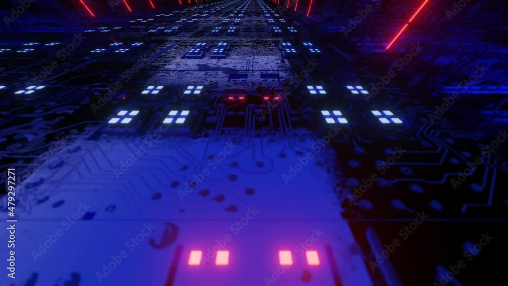 Poster camera flies through a technological corridor with glowing neon lights. looped abstract animated scr