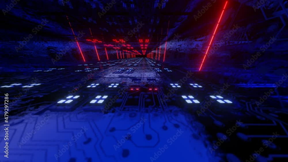 Poster camera flies through a technological corridor with glowing neon lights. looped abstract animated scr