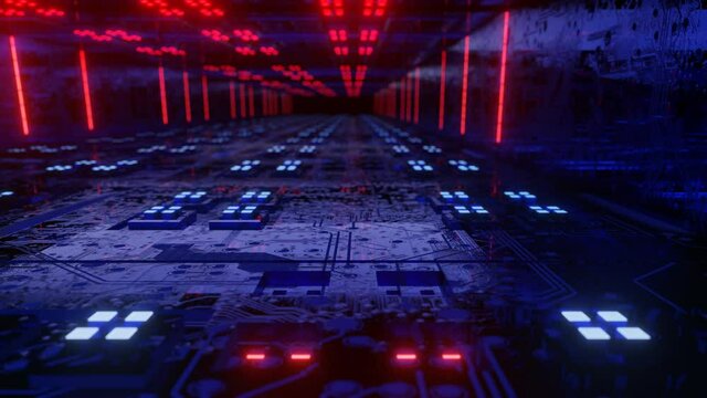 camera flies through a technological corridor with glowing neon lights. looped abstract animated screensaver background. endless tunnel. 3d render