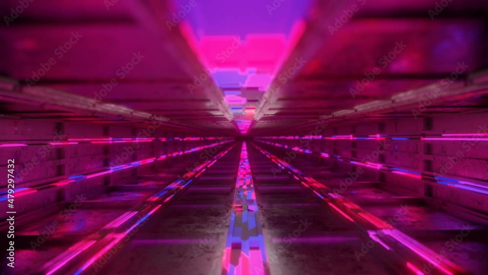 Poster flying a rotating camera through a technological corridor with glowing neon lights. looped abstract 