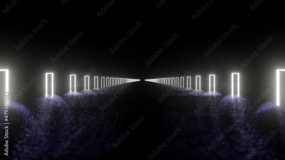 Poster camera flies over a road made of glowing rectangles on a black background. looped abstract animated 