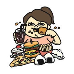 暴食をする女性のイラスト。