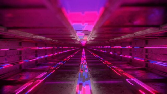 flying a rotating camera through a technological corridor with glowing neon lights. looped abstract animated screensaver background. endless tunnel. 3d render