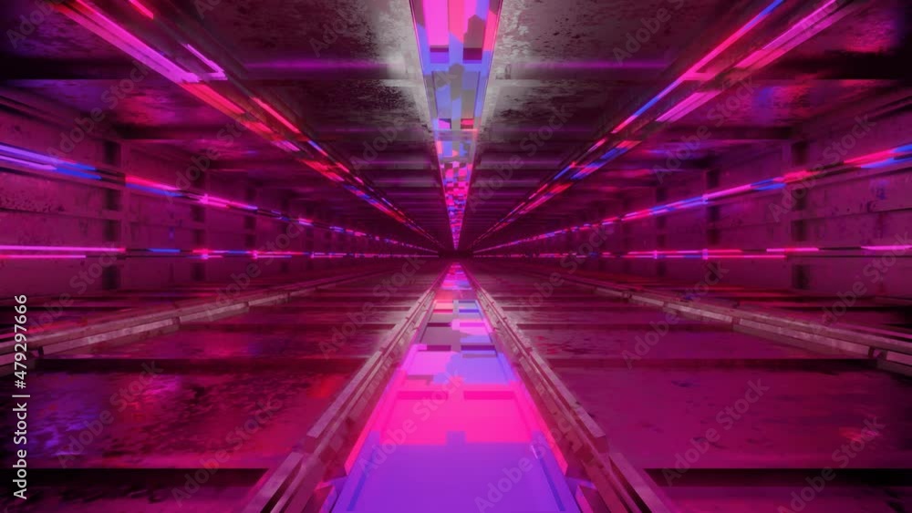 Poster flying a rotating camera through a technological corridor with glowing neon lights. looped abstract 