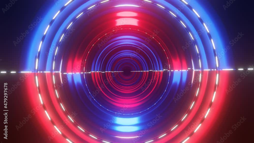 Poster flyby of the camera through the red-blue rings with glowing lines on a black background. looped abst