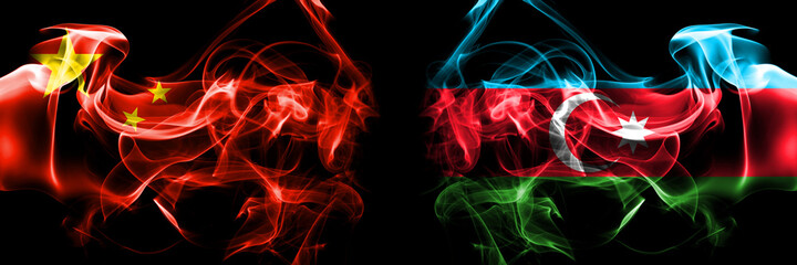 Flags of China, Chinese vs Azerbaijan, Azerbaijani. Smoke flag placed side by side on black background.