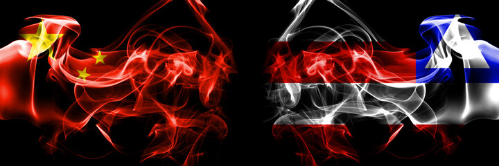Flags of China, Chinese vs Bahia, Brazil. Smoke flag placed side by side on black background.