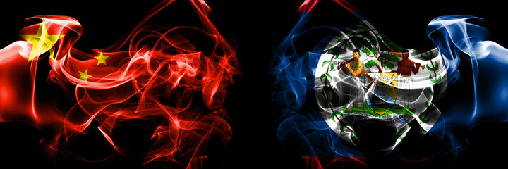 Flags of China, Chinese vs Belize, Belizean. Smoke flag placed side by side on black background.