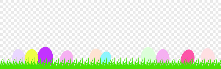 Easter bunny ears with easter eggs on meadow with flowers background banner transparent