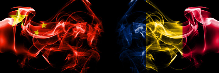 Flags of China, Chinese vs Chad, Chadian. Smoke flag placed side by side on black background.