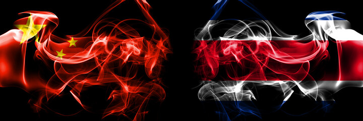 Flags of China, Chinese vs Costa Rica. Smoke flag placed side by side on black background.