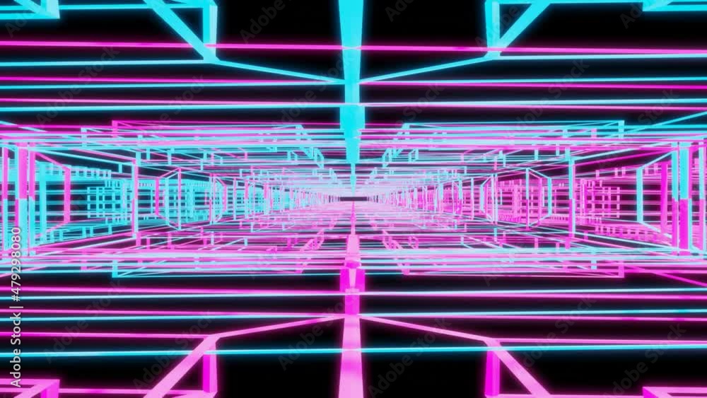 Poster camera flyby through neon rotating abstract lines. looped abstract animated screensaver background. 