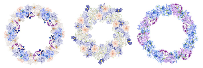 Violet floral wreath watercolor illustration wedding card with hand drawn boho flower, orchid, peony, wildflowers. Spring elegant garden flowers in color trendy very peri.