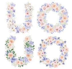 Violet floral wreath watercolor illustration wedding card with hand drawn boho flower, orchid, peony, wildflowers. Spring elegant garden flowers in color trendy very peri.