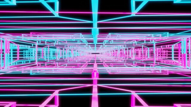 camera flyby through neon rotating abstract lines. looped abstract animated screensaver background. endless tunnel. 3d render