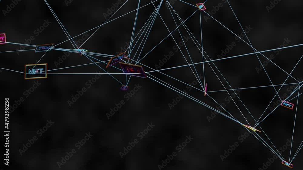 Poster picture frames with luminous nft inscriptions strung on a deforming mesh. cryptoart concept. 3d rend