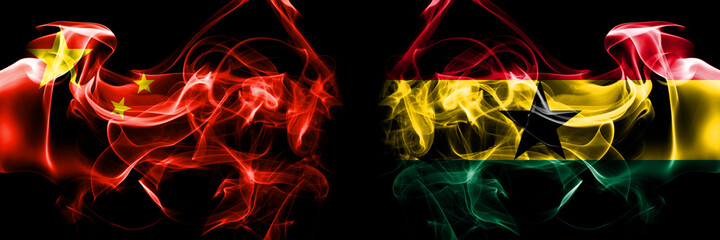 Flags of China, Chinese vs Ghana, Ghanaian. Smoke flag placed side by side on black background.