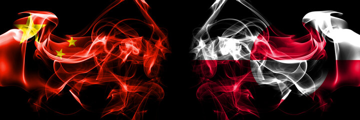 Flags of China, Chinese vs Greenland, Denmark, Danish. Smoke flag placed side by side on black background.