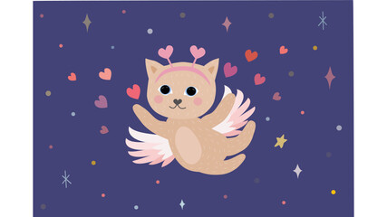 A kitty Cupid share the love in front of a blue sky full of stars. Vector.