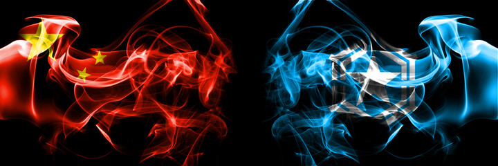 Flags of China, Chinese vs Japan, Japanese, Obira, Hokkaido, Rumoi, Subprefecture. Smoke flag placed side by side on black background.