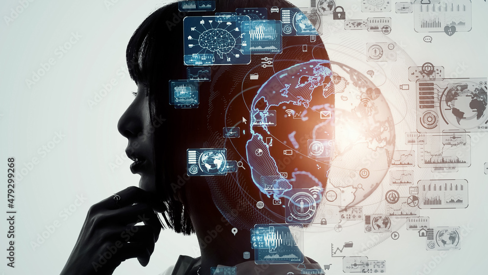 Poster AI (Artificial Intelligence) concept. Deep learning. IoT (Internet of Things). ICT (Information Communication Technology).