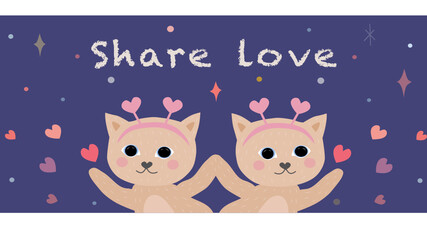 Fototapeta na wymiar Two cats share their love hand in hand in front of a blue sky full of stars. Vector.