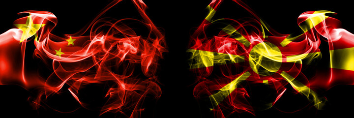 Flags of China, Chinese vs Macedonia, Macedonian. Smoke flag placed side by side on black background.