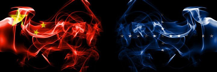 Flags of China, Chinese vs Naval Jack Brazil. Smoke flag placed side by side on black background.