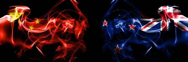 Flags of China, Chinese vs New Zealand, Kiwi. Smoke flag placed side by side on black background.