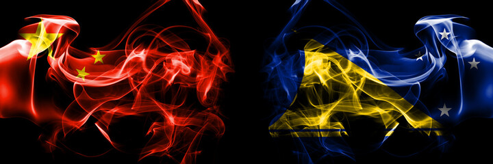Flags of China, Chinese vs New Zealand, Tokelau. Smoke flag placed side by side on black background.