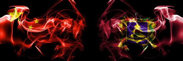 Flags of China, Chinese vs Russia, Bryansk Oblast. Smoke flag placed side by side on black background.