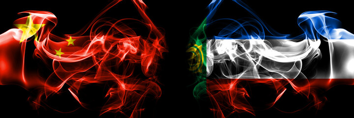 Flags of China, Chinese vs Russia, Russian, Khakassia. Smoke flag placed side by side on black background.