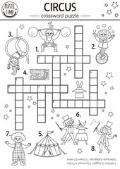 Vector circus crossword puzzle for kids. Simple black and white amusement show quiz with funny performers for children. Educational line activity with clown. Cross word coloring page .
