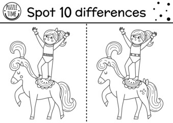 Circus black and white find differences game for kids. Educational line activity with gymnast girl on hoop. Amusement show puzzle for children. Festival printable coloring page.