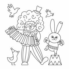 Vector black and white circus stage scene with clown, harmonica, animals. Street show scene with cute characters. Line festival background. Holiday event or entertainment show coloring page.