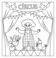 Vector black and white circus stage scene with clown, animals. Street show scene with cute characters. Line festival background. Holiday event or entertainment show coloring page.