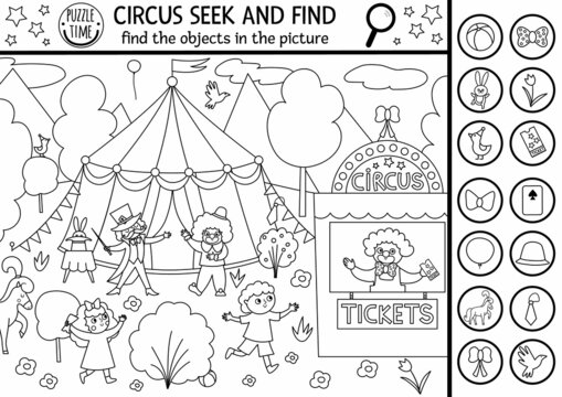 Vector circus searching black and white game with amusement show marquee, clown. Spot hidden objects in the picture. Simple line seek and find printable activity or coloring page.