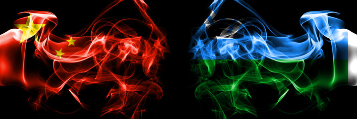 Flags of China, Chinese vs Russia, Russian, Yugra. Smoke flag placed side by side on black background.