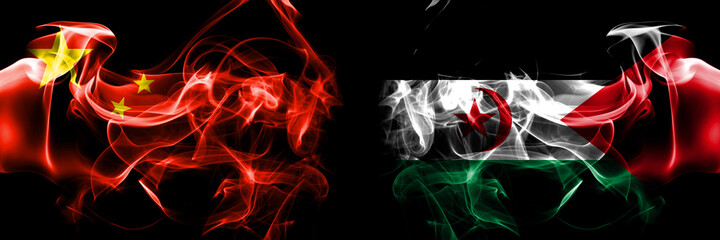 Flags of China, Chinese vs Sahrawi. Smoke flag placed side by side on black background.
