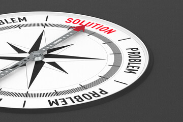 Choice between solution and problem. Compass on black background. Isolated 3D illustration