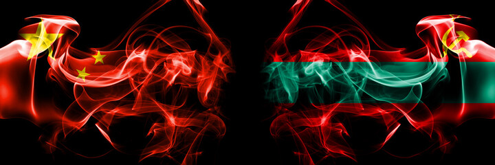 Flags of China, Chinese vs Transnistria. Smoke flag placed side by side on black background.