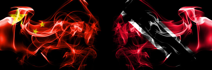 Flags of China, Chinese vs Trinidad and Tobago. Smoke flag placed side by side on black background.