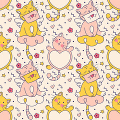 Adorable pink girly and childish backdrop.Seamless pattern for Valentine's day packaging paper, fabric, apparel,  digital paper, background. Doodle cartoon wallpaper with cats and Valentine cards. 